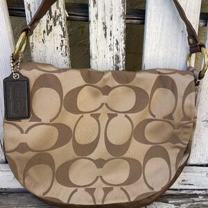 Coach Brown Signature Jacquard Shoulder Bag with Leather Strap